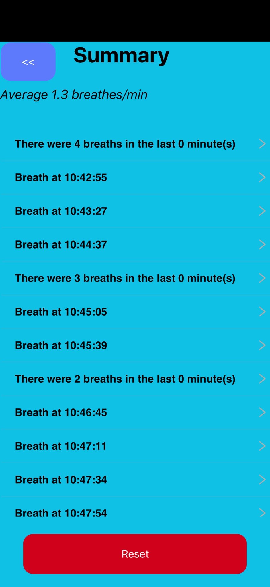 Summary screen of Jacob’s manatee breath-tracker app showing average breaths per minute and timestamps