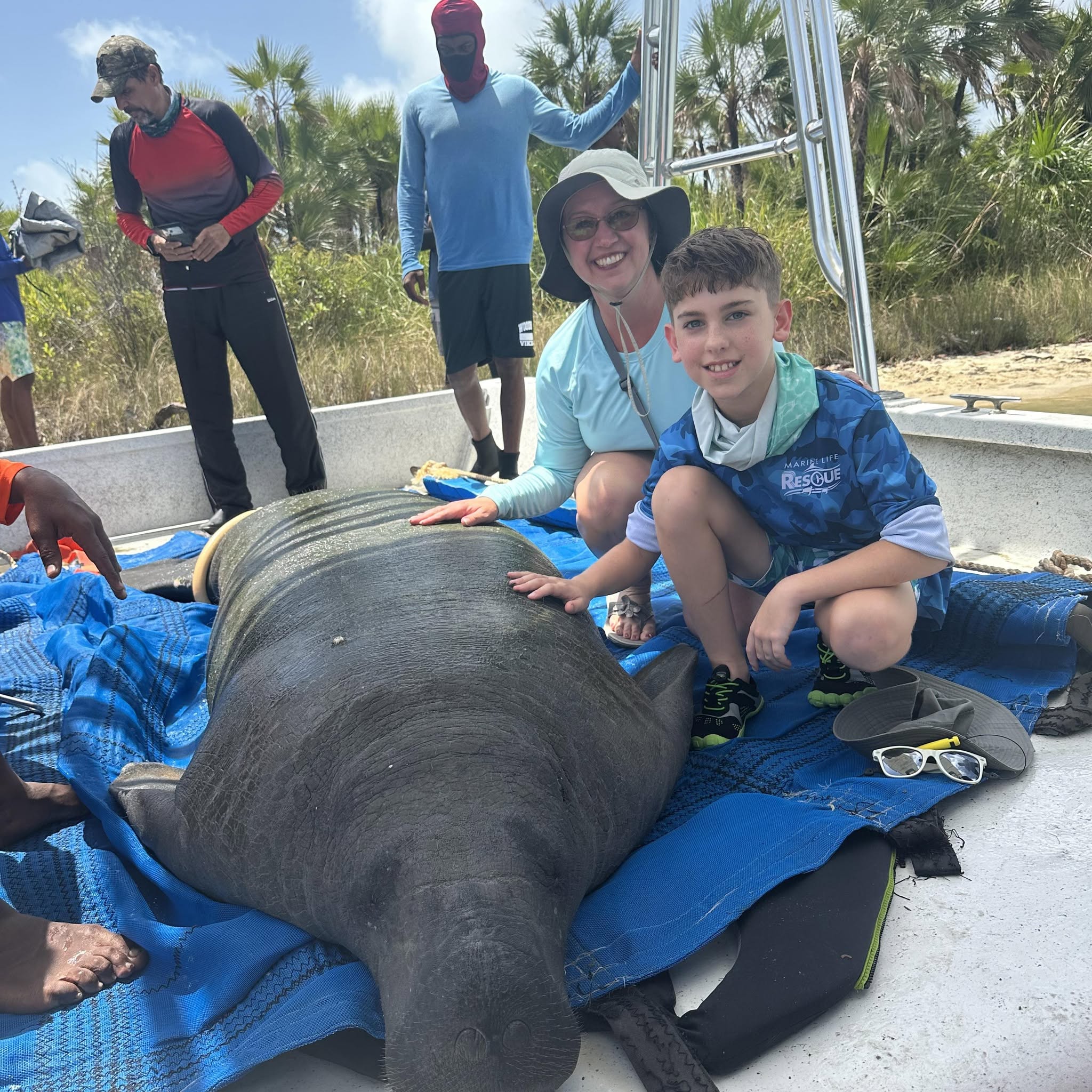 Jacob kneeling beside a manatee on a research boat during a Belize health assessment