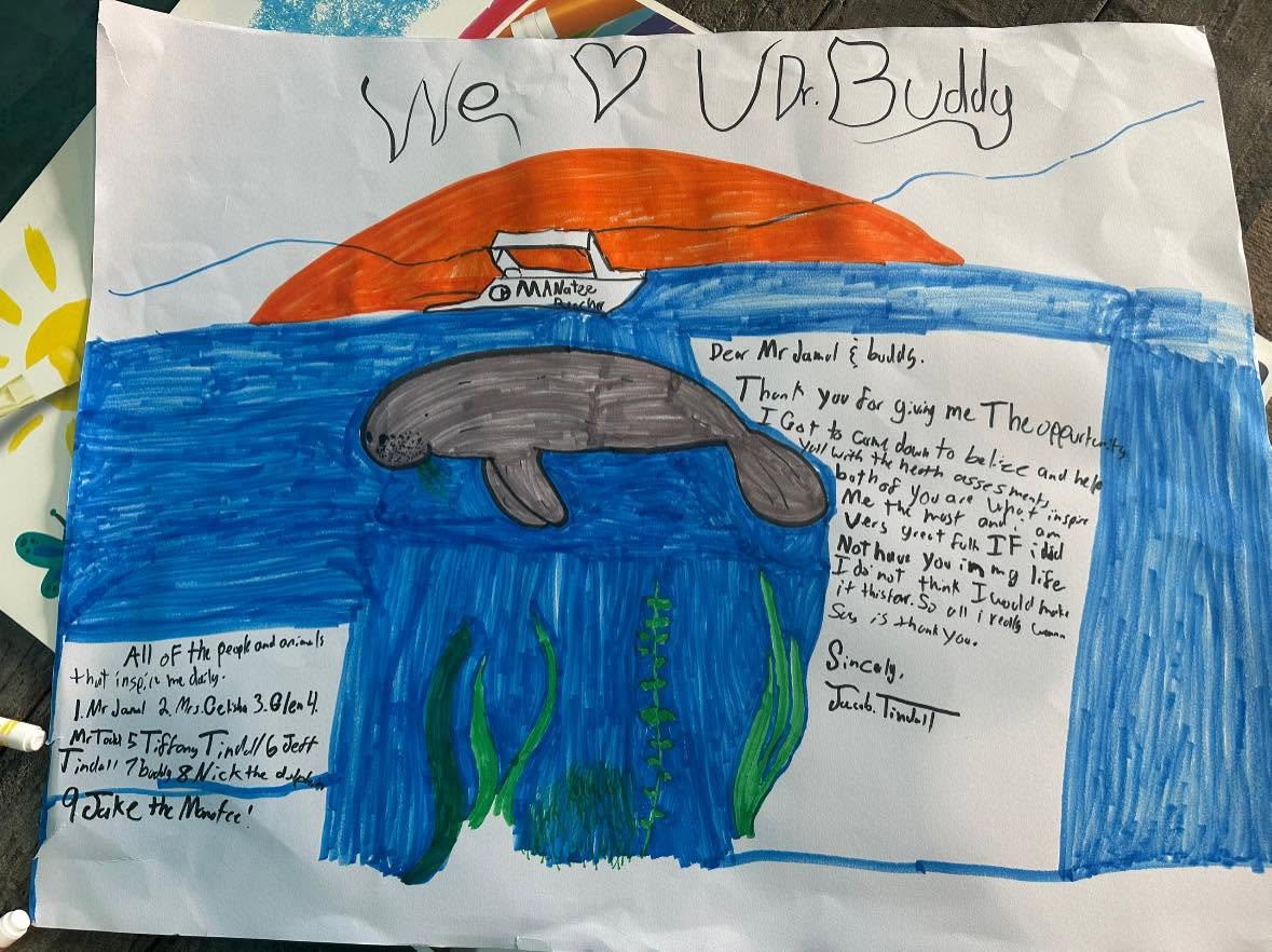 Jacob’s handwritten thank-you for Dr. Buddy Powell and Jamal Galves.